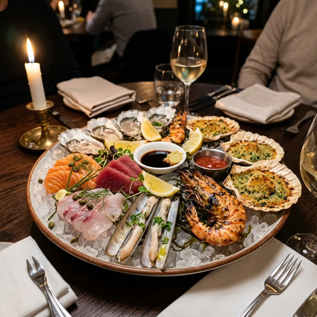 Seafood platter Crudo e Cotto di Mare with oysters and prawns