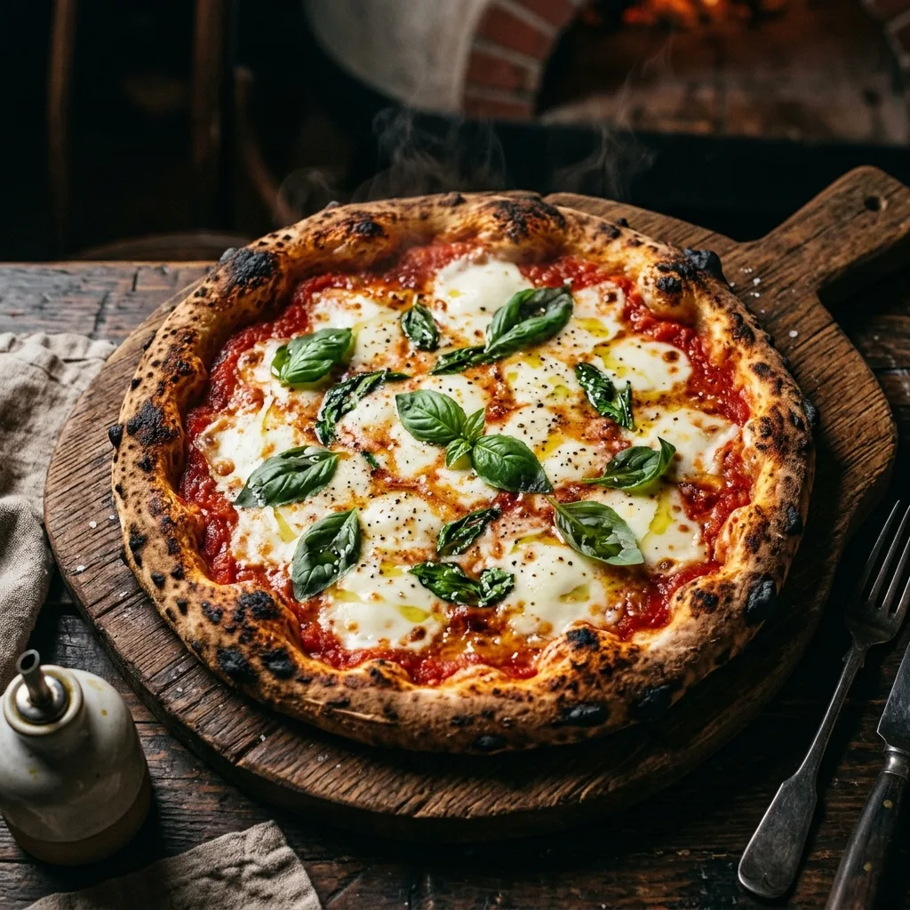 Neapolitan margherita pizza fresh out of the oven with basil