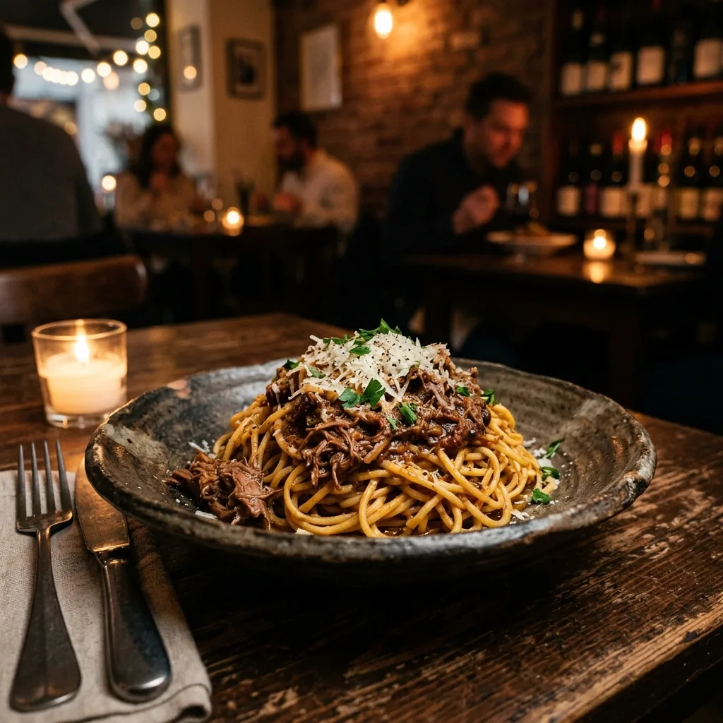 Gourmet dish pasta tagliolini with wild boar ragu
