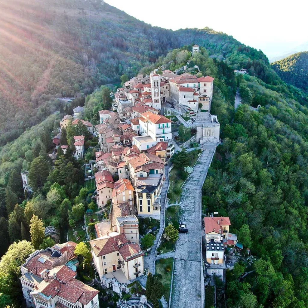 Panoramic view of Sacro Monte di Varese with its baroque chapels at sunset